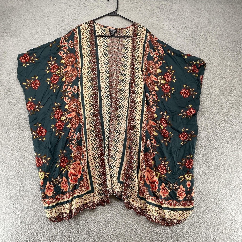 Angie Floral Kimono Cardigan Womens 3X Green Boho Lightweight Summer Beach Flowy